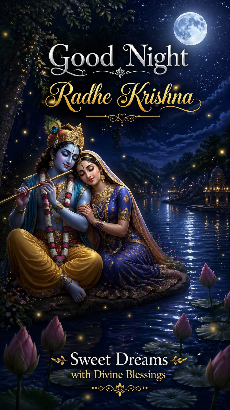 Good Night Radha Krishna under starry sky with fireflies and divine blessings text for WhatsApp